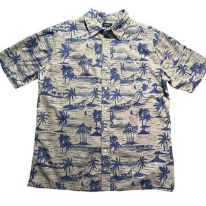 Croft & Barrow Large Men’s Blue Palm-Print Short-Sleeve Button-Down 100% Cotton